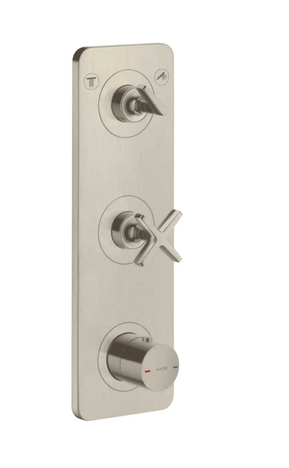 Thermostatmodul mit drei Bedienelementen zur Steuerung von zwei Wasserverbrauchern, montiert auf einer geb brushed Nickel-Platte, Marke AXOR.